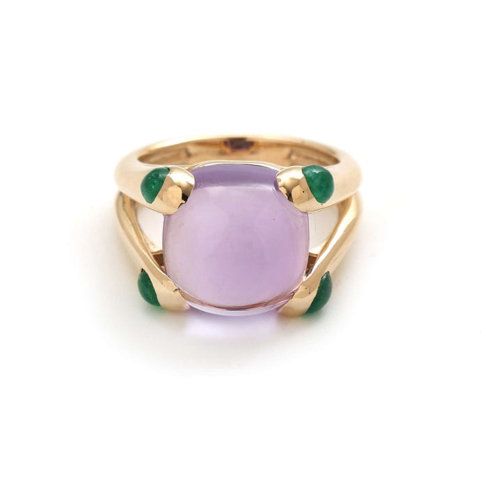 Lavender Chalcedony 14K Emerald Accent Cushion Ring