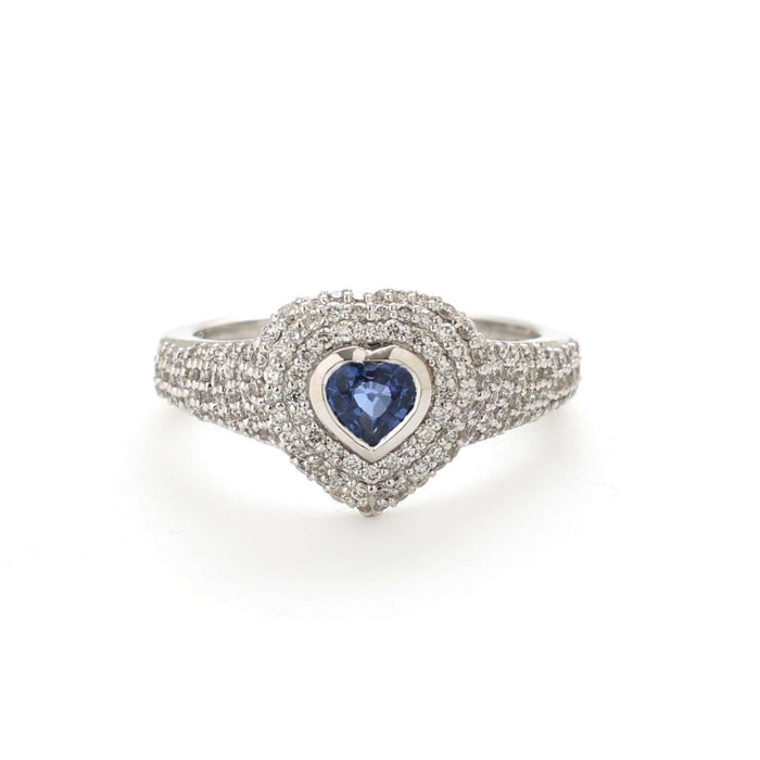 Heart Blue Sapphire Diamond Halo Ring in 14K White Gold
