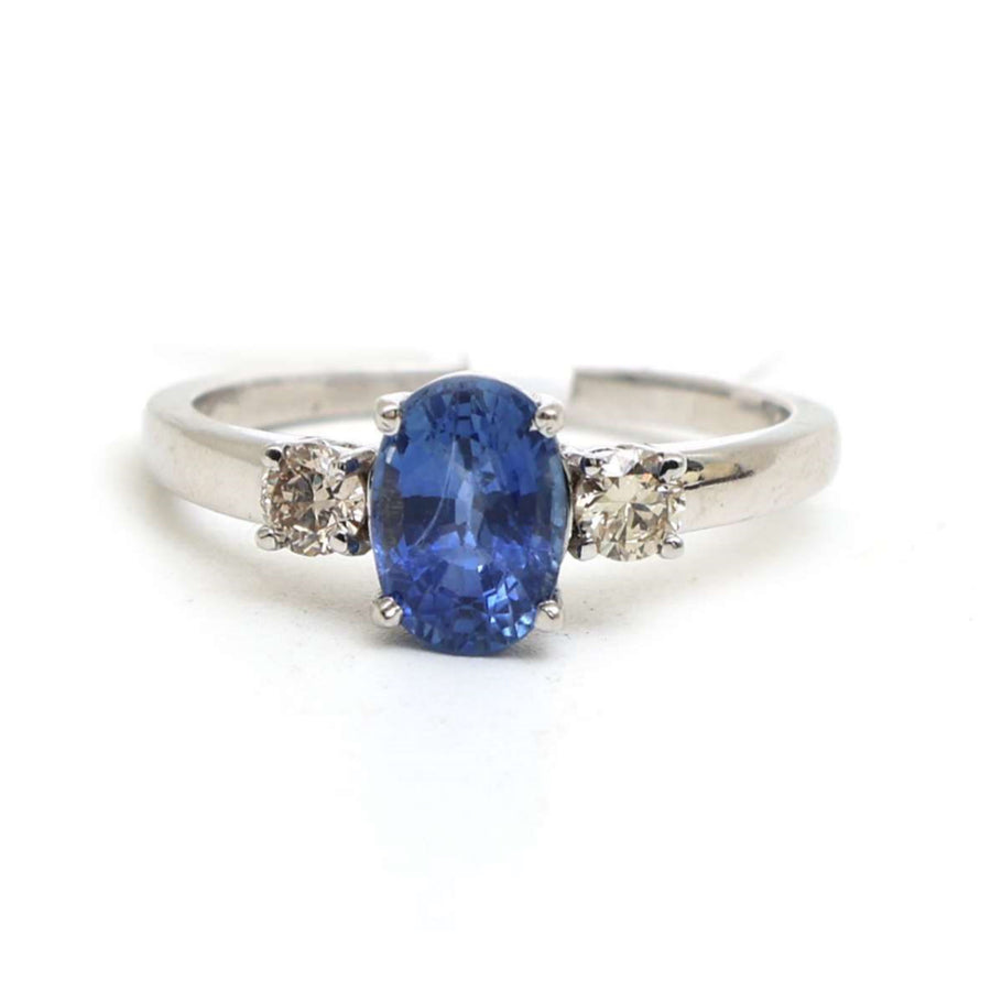 Oval Blue Sapphire 14K White Gold Diamond Three-Stone Ring