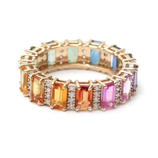 Elegant Multi-Color Sapphire & Diamond 14K Gold Band Ring