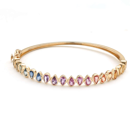Petal Cut Rainbow Gemstone 14K Yellow Gold Bangle Bracelet