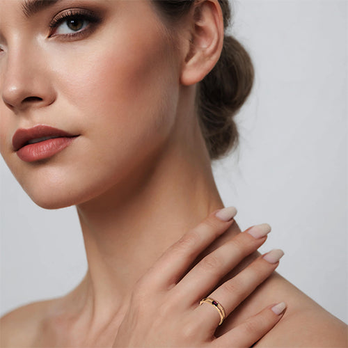 Hexagon Open Band Baguette Ruby Ring in 14K Yellow Gold