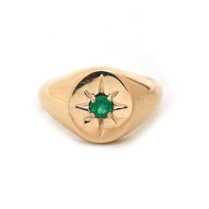 Emerald Compass 14K Gold Signet Ring