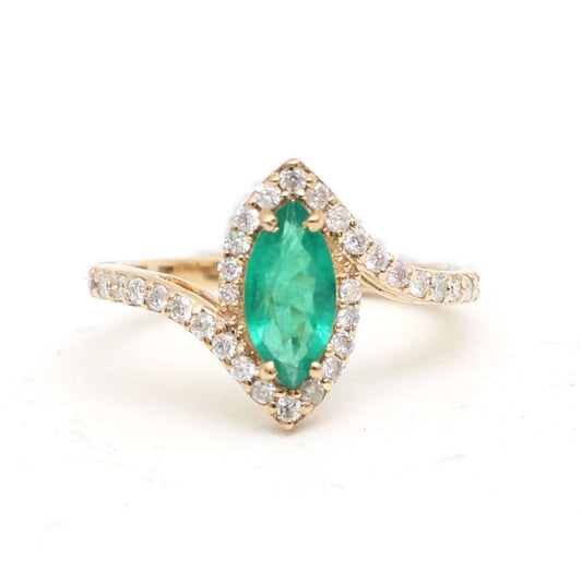 Marquise-Cut Emerald 14K Yellow Gold Diamond Halo Ring