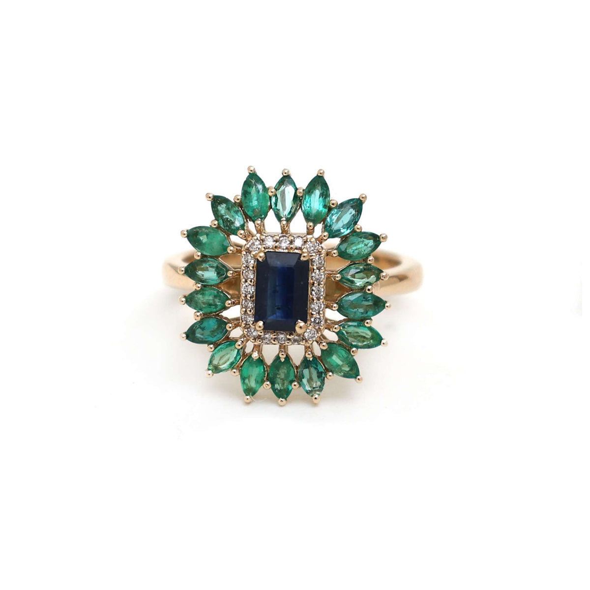 Blue Sapphire Emerald 14K Halo Cocktail Ring