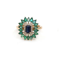 Blue Sapphire Emerald 14K Halo Cocktail Ring