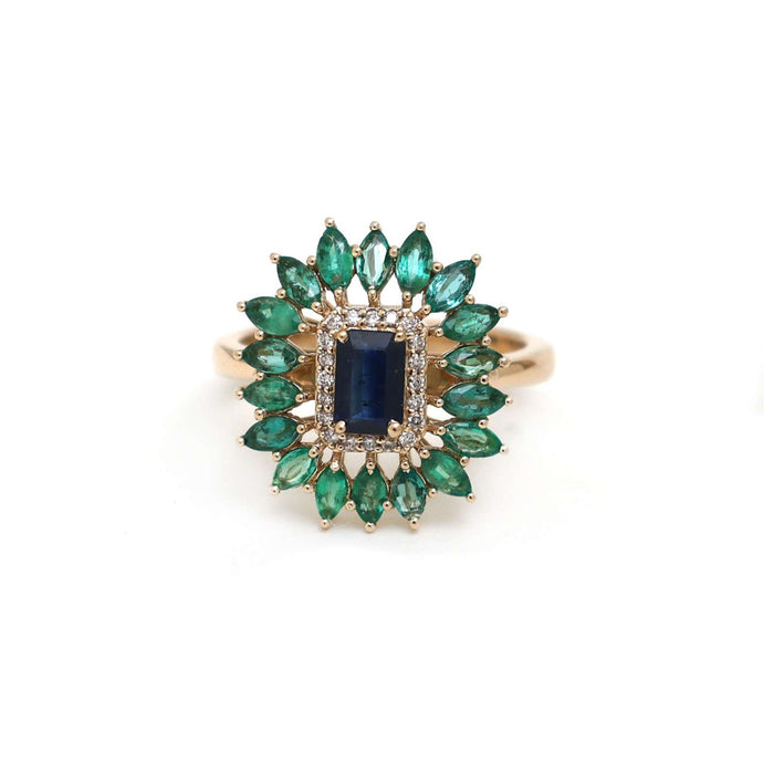 Blue Sapphire Emerald 14K Halo Cocktail Ring