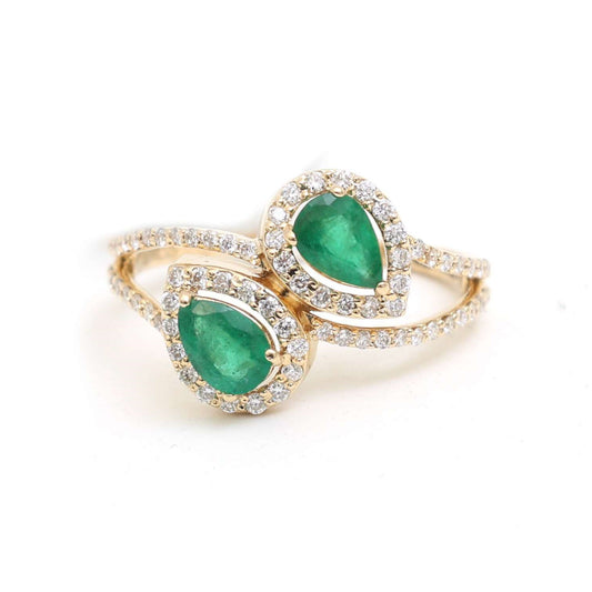 Twin Pear-Cut Emerald 14K Yellow Gold Diamond Bypass Ring