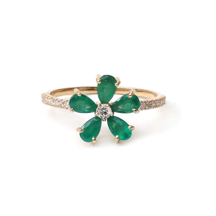 Emerald Green Flower 14K Diamond Ring