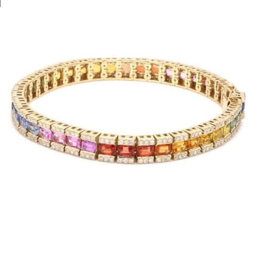 Radiant Horizon Rainbow Sapphire & Diamond 14K Gold Tennis Bracelet