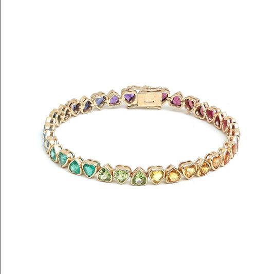 Heart-Cut Rainbow Gemstone 14K Yellow Gold Tennis Bracelet