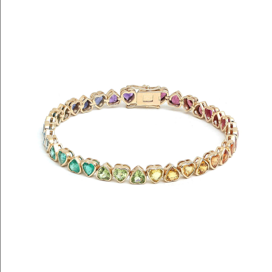 Heart-Cut Rainbow Gemstone 14K Yellow Gold Tennis Bracelet