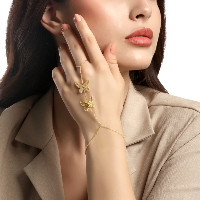 Diamond Twin Dragonfly Hand Chain in 14K Yellow Gold