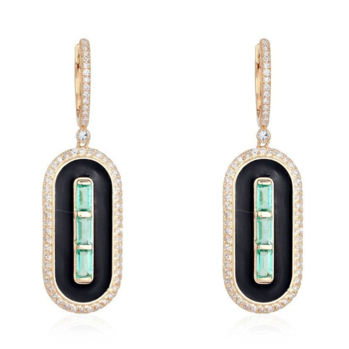Green Baguette Emerald Black Enamel Drop Earrings in 14K Yellow Gold