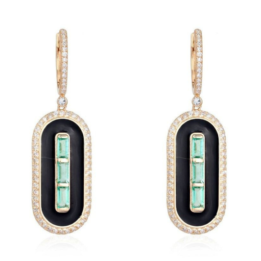 Green Baguette Emerald Black Enamel Drop Earrings in 14K Yellow Gold