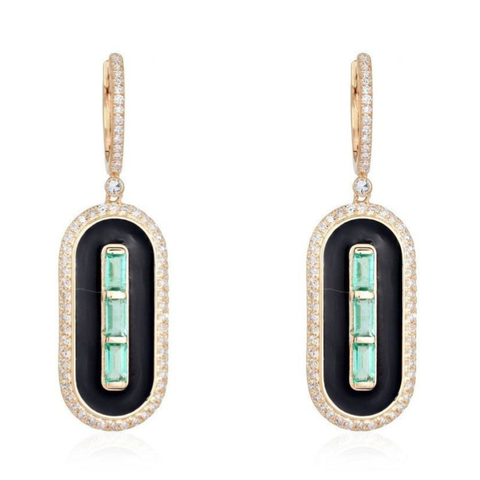 Green Baguette Emerald Black Enamel Drop Earrings in 14K Yellow Gold