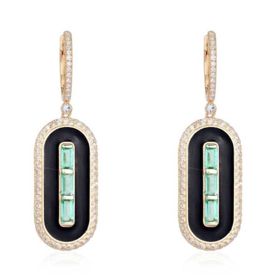 Green Baguette Emerald Black Enamel Drop Earrings in 14K Yellow Gold