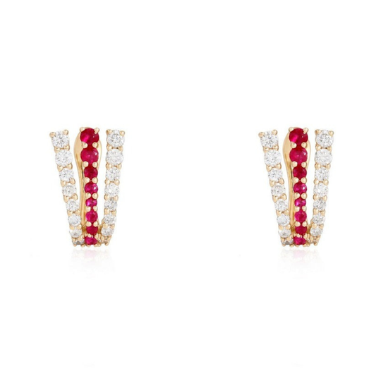 Triple Row Ruby Diamond Huggie Earrings in 14K Yellow Gold