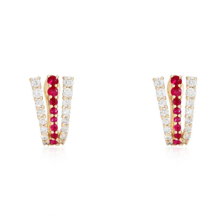 Triple Row Ruby Diamond Huggie Earrings in 14K Yellow Gold