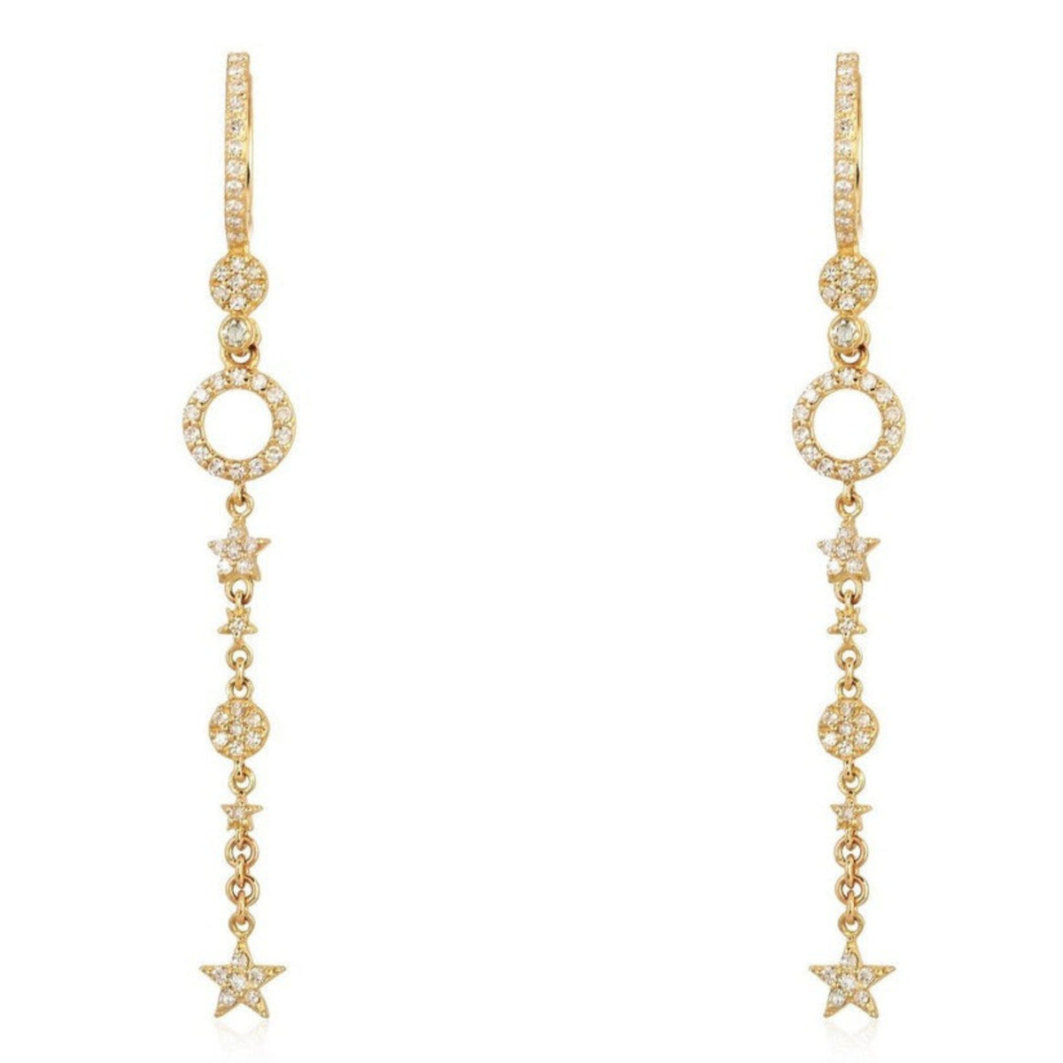 Celestial Drop Star Circle Diamond Earrings in 14K Yellow Gold