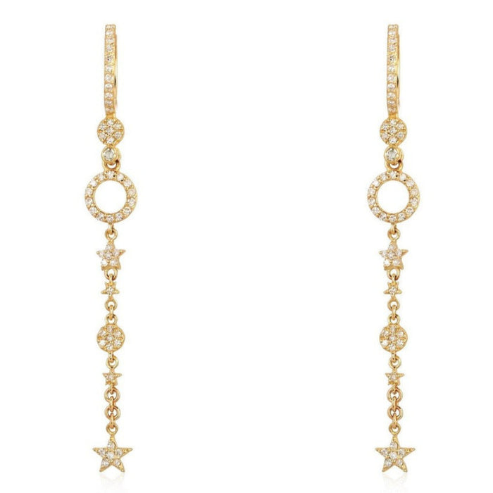 Celestial Drop Star Circle Diamond Earrings in 14K Yellow Gold