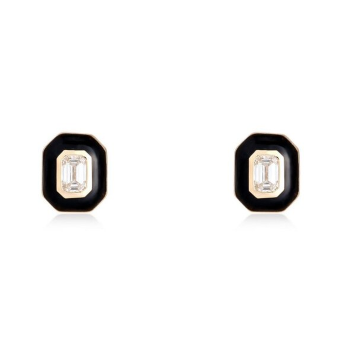 Eternal Black Enamel Stud Earrings in 14K Yellow Gold