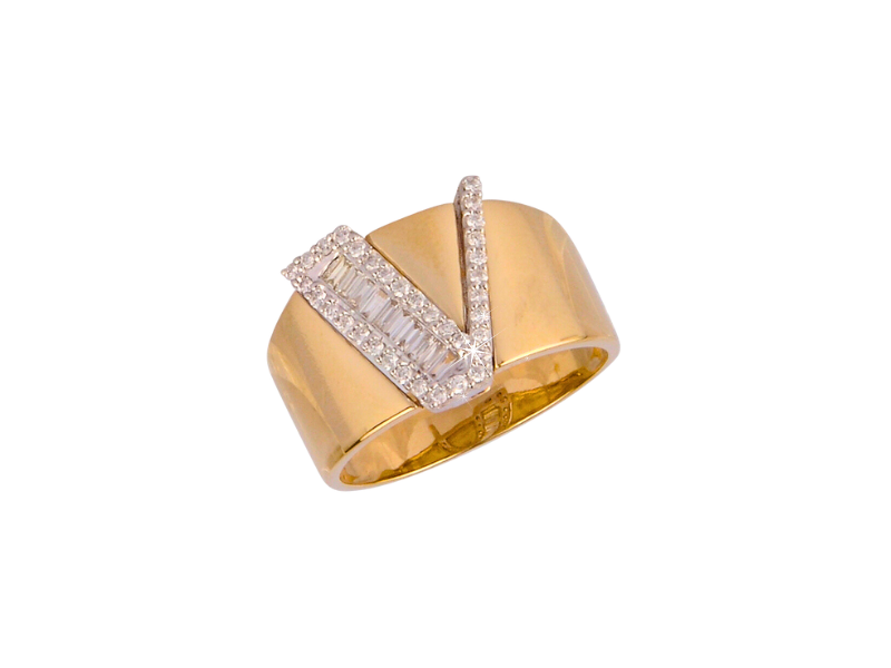 V Initial Baguette Diamond Cigar Ring