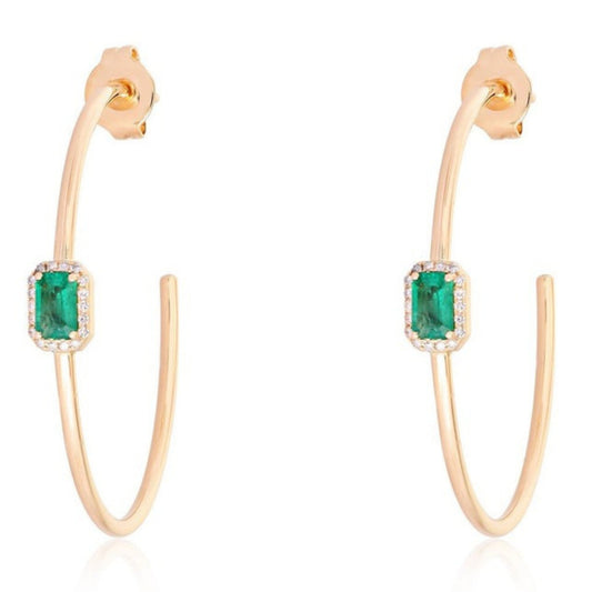 Luxe Halo Emerald Open Hoop Earrings in 14K Yellow Gold