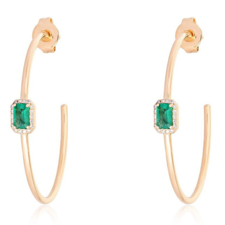 Luxe Halo Emerald Open Hoop Earrings in 14K Yellow Gold