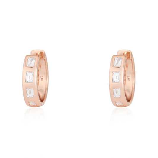 Baguette Huggie Diamond Hoop Earrings in 14K Yellow Gold