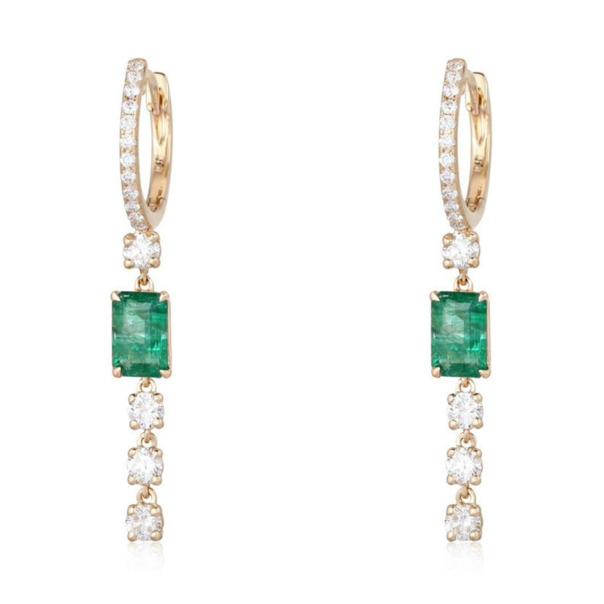 Emerald Cut Diamond Drop Hoop Earrings in 14K Gold