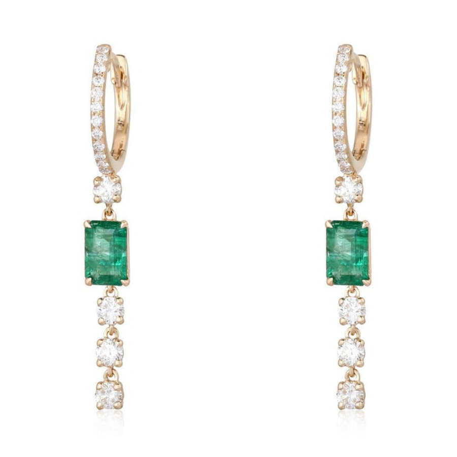 Emerald Cut Diamond Drop Hoop Earrings in 14K Gold