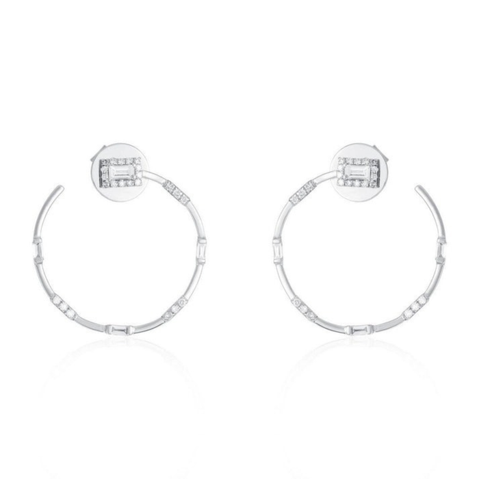 Baguette Diamond Circle Stud Hoop Earrings in 14K Yellow Gold