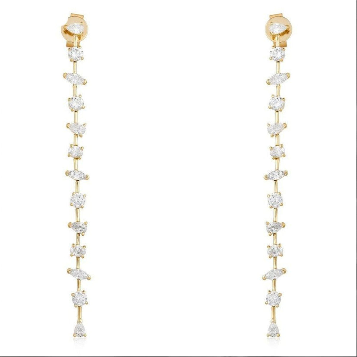 Cascade Line 14K (or 18k upon request) Yellow Gold Mixed Cut Diamond Drop Earrings