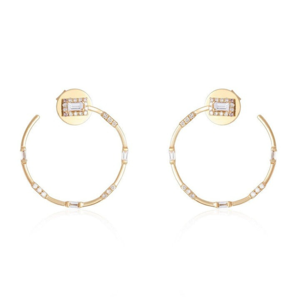 Baguette Diamond Circle Stud Hoop Earrings in 14K Yellow Gold