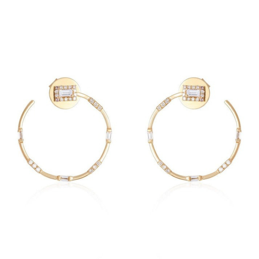 Baguette Diamond Circle Stud Hoop Earrings in 14K Yellow Gold