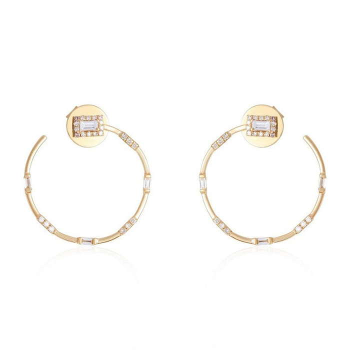 Baguette Diamond Circle Stud Hoop Earrings in 14K Yellow Gold
