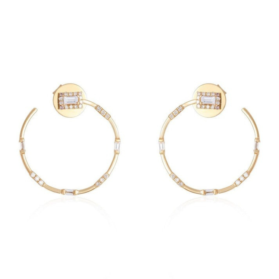 Baguette Diamond Circle Stud Hoop Earrings in 14K Yellow Gold