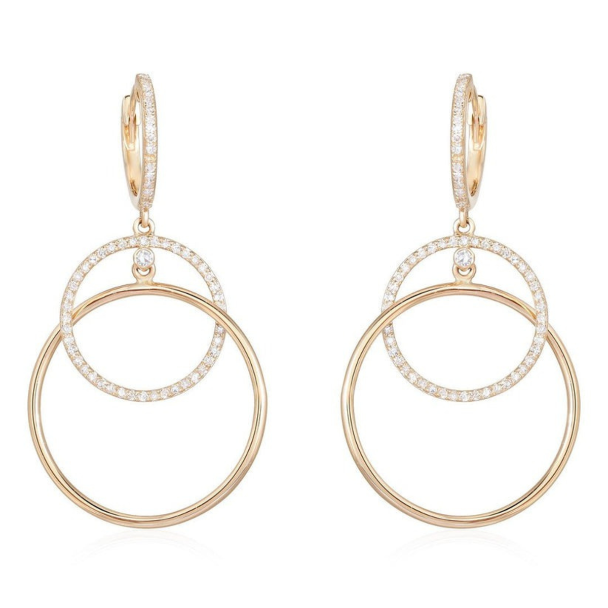 Double Circle Diamond Drop Huggie Earrings in 14K Yellow Gold