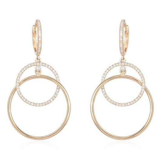 Double Circle Diamond Drop Huggie Earrings in 14K Yellow Gold