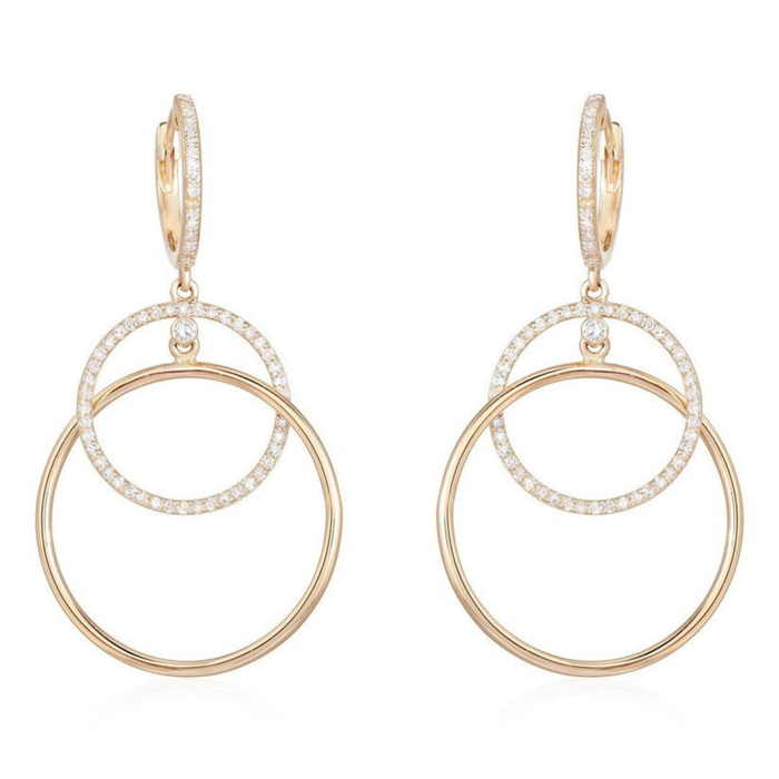 Double Circle Diamond Drop Huggie Earrings in 14K Yellow Gold