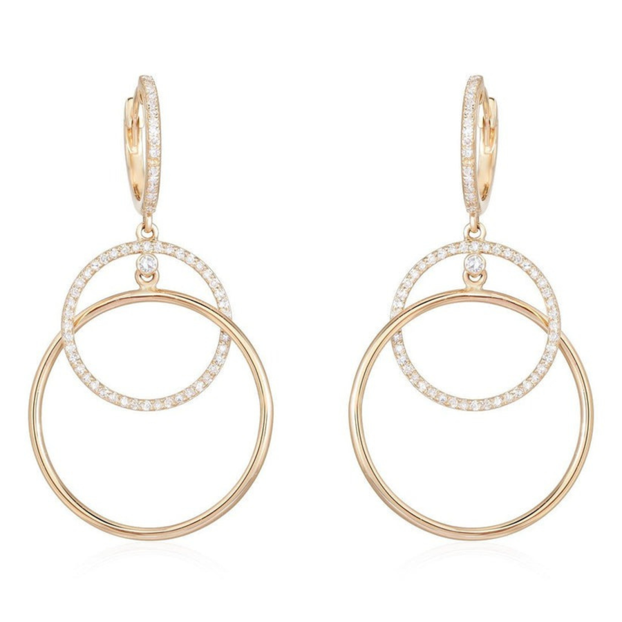 Double Circle Diamond Drop Huggie Earrings in 14K Yellow Gold