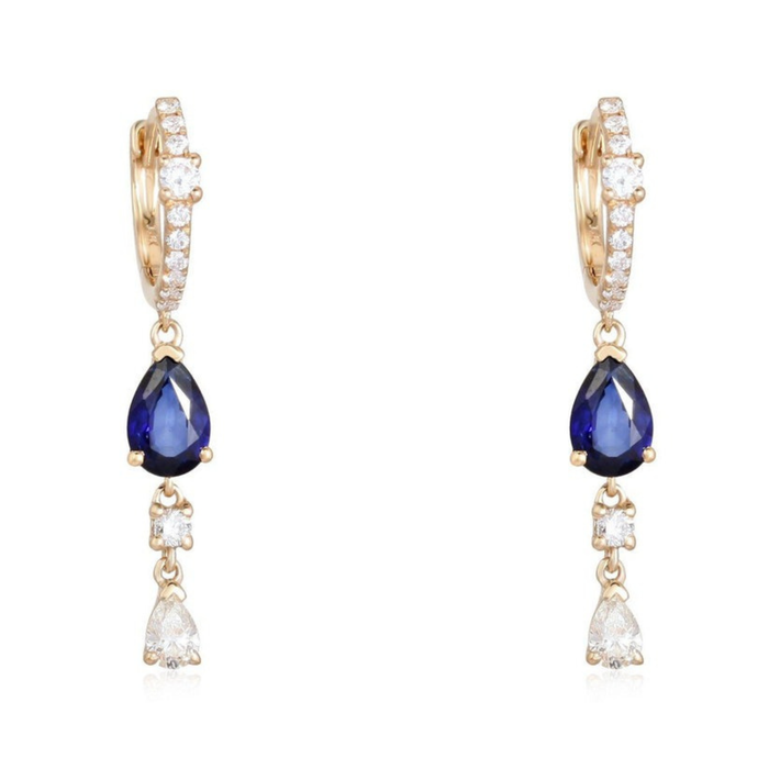 Celeste Pear 14K (or 18k upon request) Yellow Gold Blue Sapphire Diamond Drop Earrings