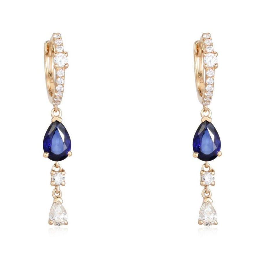 Celeste Pear Blue Sapphire Diamond Drop Earrings in 14K Yellow Gold