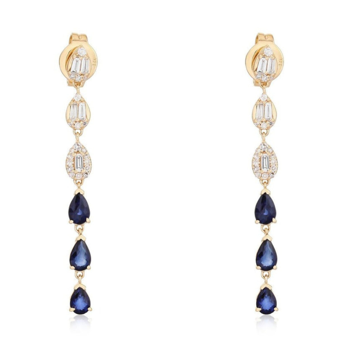 Baguette Diamond Sapphire Drop Cascade Earrings in 14K Yellow Gold