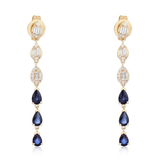 Baguette Diamond Sapphire Drop Cascade Earrings in 14K Yellow Gold