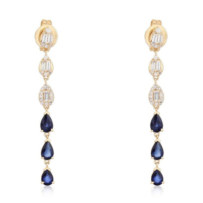 Baguette Diamond Sapphire Drop Cascade Earrings in 14K Yellow Gold