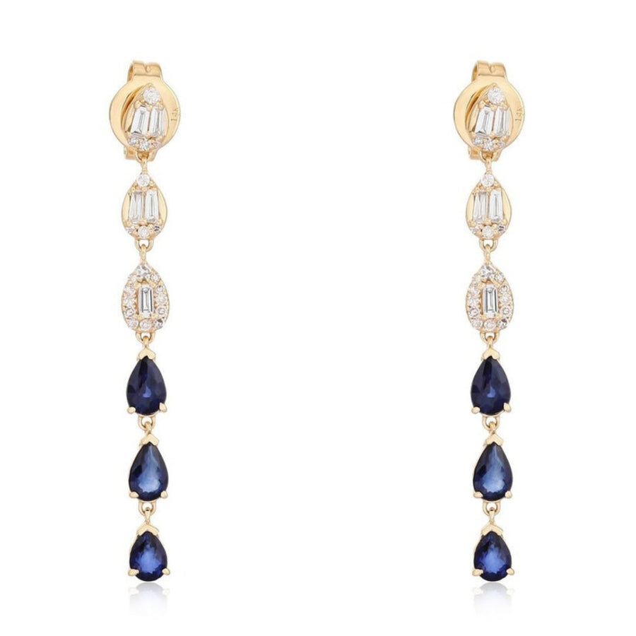 Baguette Diamond Sapphire Drop Cascade Earrings in 14K Yellow Gold