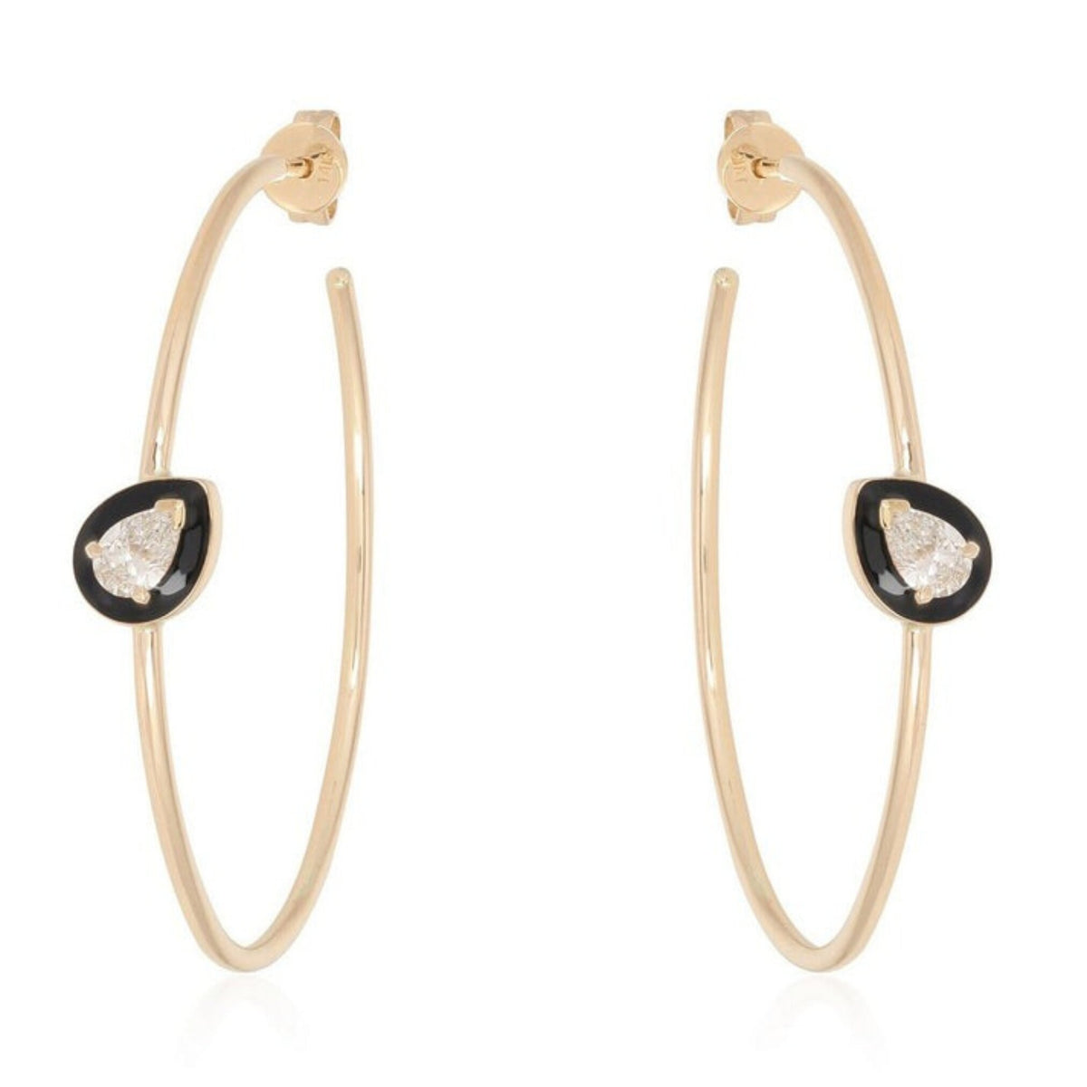 Black Onyx Teardrop Hoop Earrings in 14K Yellow Gold