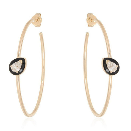 Black Onyx Teardrop Hoop Earrings in 14K Yellow Gold